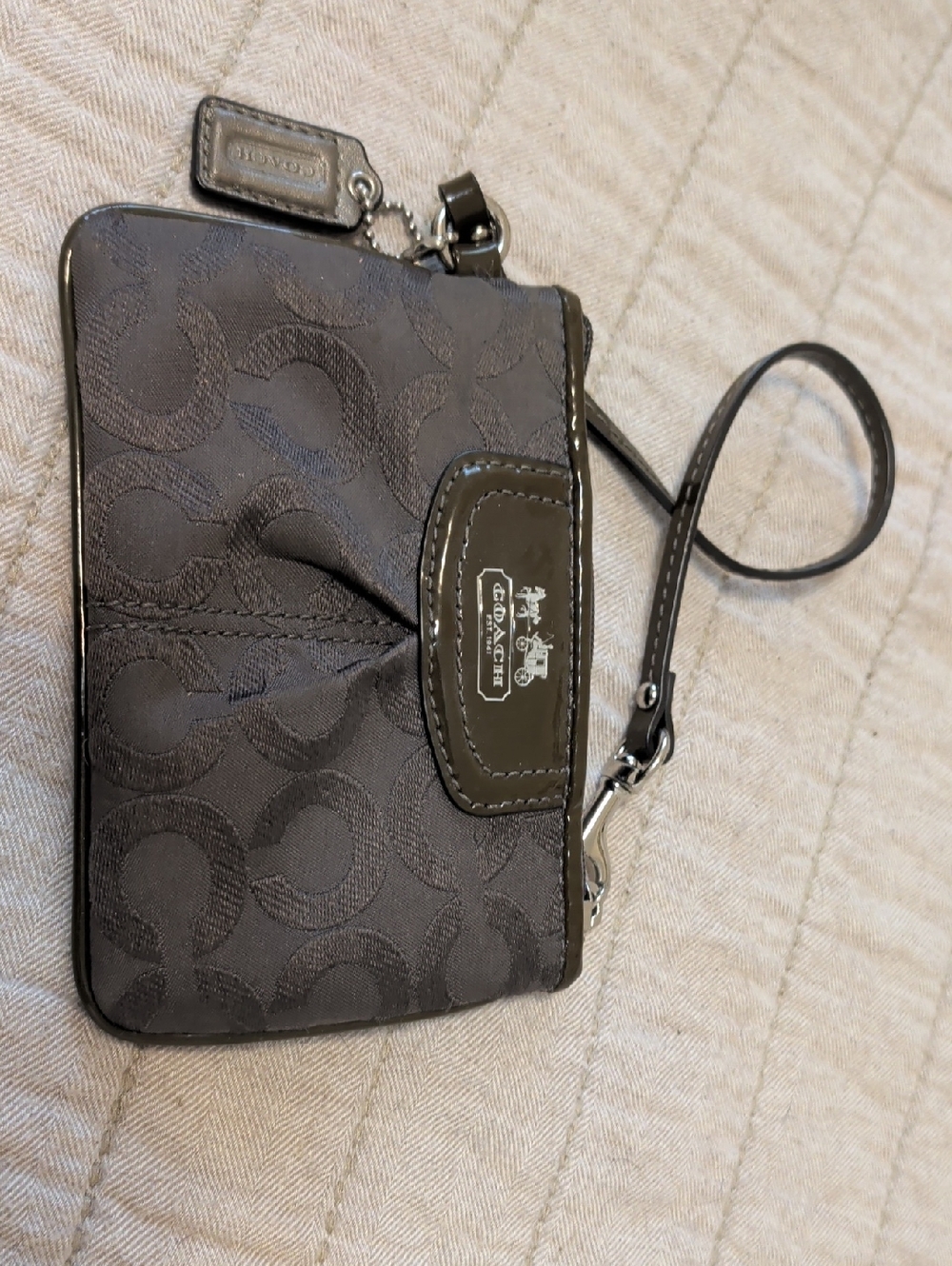 Coach Gray/Brown Signature C Wristlet with Logo Patch